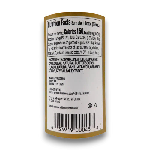 Nutritional information and ingredients list of Flying Cauldron Butterscotch Beer, available in 4-pack display unit.