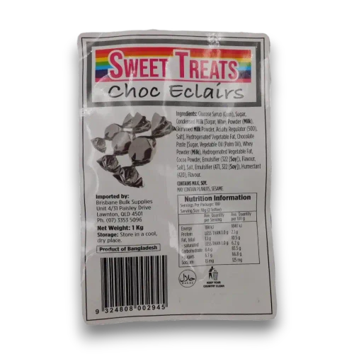 Product label and nutrition information on Sweet Treats Choc Eclairs Silver 1kg bag of individually wrapped chocolate eclairs.