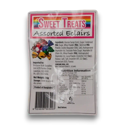 Product label and nutrition panel on Sweet Treats Assorted Choc Eclairs 1kg bag of mixed wrapped chocolate-filled caramel eclairs.