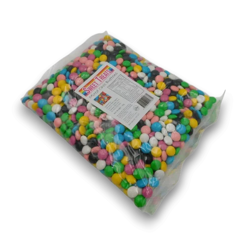 Sweet Treats Choc Buttons Mixed Colours 1kg bag with product label and nutrition panel from The Professors