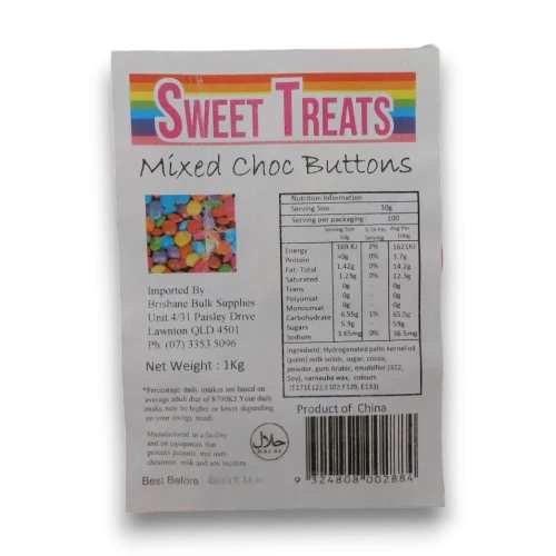 Nutrition panel and product information for Sweet Treats Choc Buttons Mixed Colours 1kg bag available at The Professors
