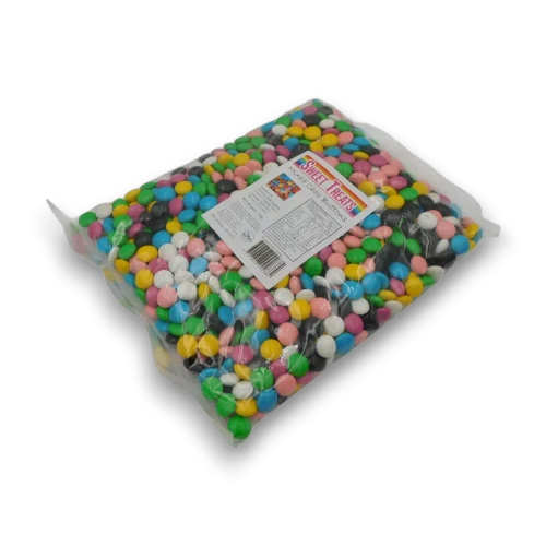Sweet Treats Choc Buttons Mixed Colours 1kg bag displaying assorted coloured candy-coated chocolates