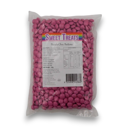 Sweet Treats Purple Choc Buttons 1kg bag of purple candy-coated chocolate buttons from The Professors Online Lolly Shop.