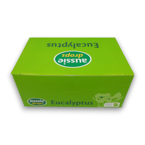 Aussie Drops Eucalyptus display unit, available at The Professors Online Lolly Shop.