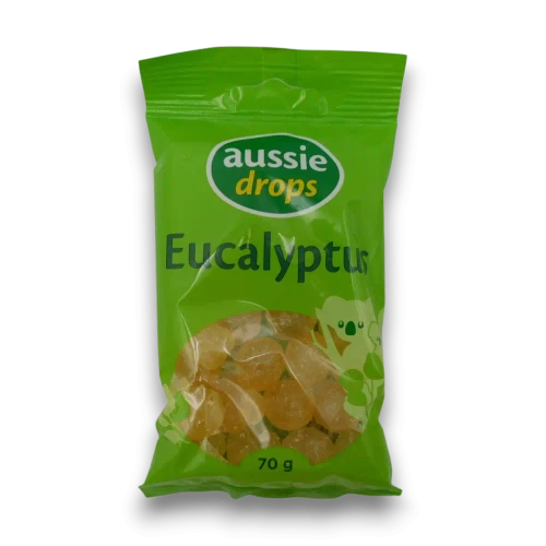 Aussie Drops Eucalyptus Drops 70g bag displaying traditional eucalyptus and menthol hard boiled sweets, available at The Professors Online Lolly Shop.
