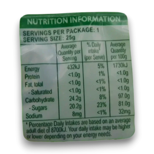 Nutritional information of Aussie Drops - Eucalyptus (1.5kg bag | 60 x 25g bags).