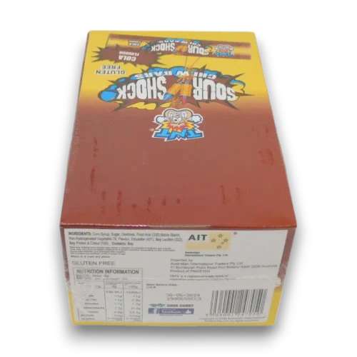 TNT Sour Shock Cola Chew Bars, 80 x 9g pieces, rear of box with product label at The Professors Online Lolly Shop.