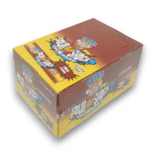 TNT Sour Shock Cola Chew Bars, 80 x 9g pieces, angled right view of display box at The Professors Online Lolly Shop.