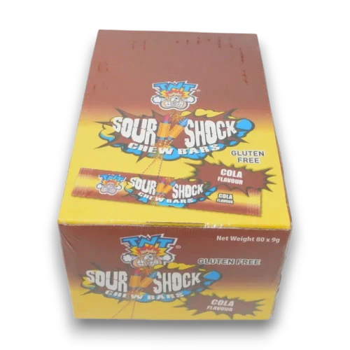 TNT Sour Shock Cola Chew Bars, 80 x 9g pieces, front of brown and yellow box at The Professors Online Lolly Shop.