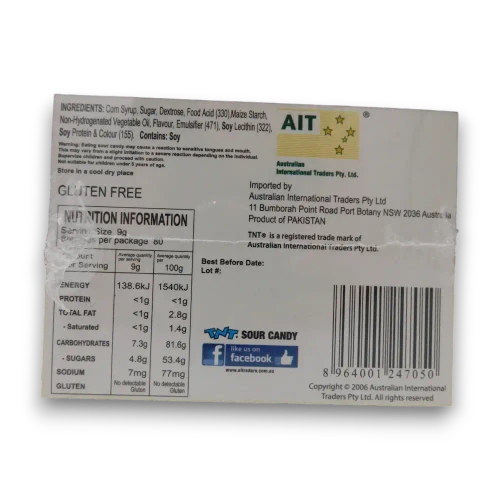 TNT Sour Shock Cola Chew Bars, 80 x 9g pieces, ingredients and nutrition label at The Professors Online Lolly Shop.