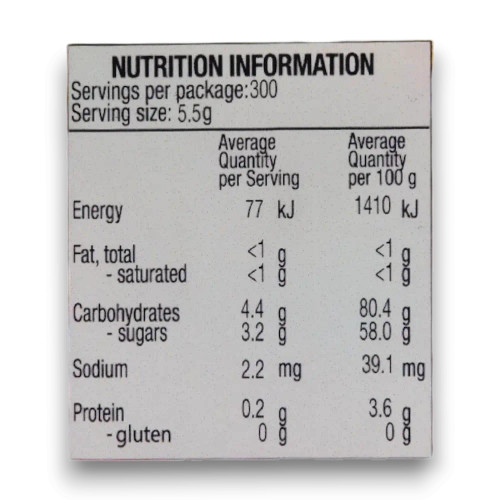 Nutritional information of Radical Storms multi-coloured sherbet puffs in a 1.65kg tub, available at The Professors.