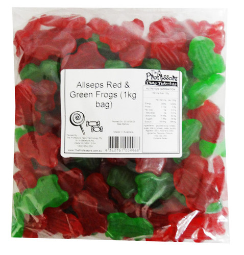 Close-up of Allseps Red and Green Frogs, soft jelly candies, flavoured with raspberry and lime, available at The Professors