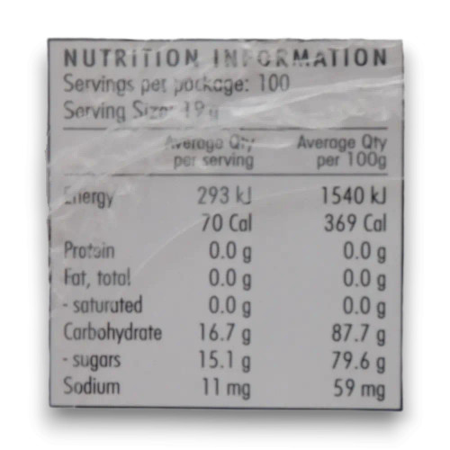 Nutrition panel for Warheads Super Sour Bubble Gum Pops 19g assorted pops, stocked at The Professors Online Lolly Shop.