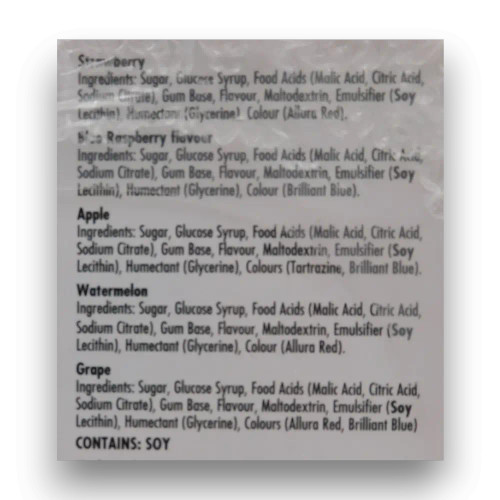 Ingredients panel for Warheads Super Sour Bubble Gum Pops assorted flavours, stocked at The Professors Online Lolly Shop.