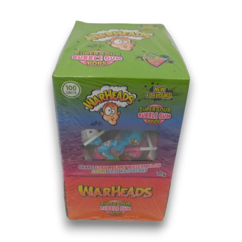 Warheads Super Sour Bubble Gum Pops 100 x 19g display box at The Professors Online Lolly Shop.