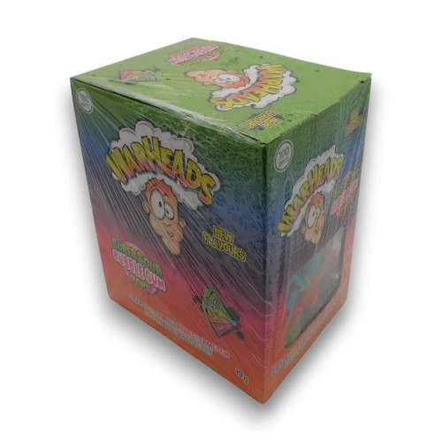Warheads Super Sour Bubble Gum Pops 100 x 19g display unit with assorted sour pops at The Professors Online Lolly Shop.