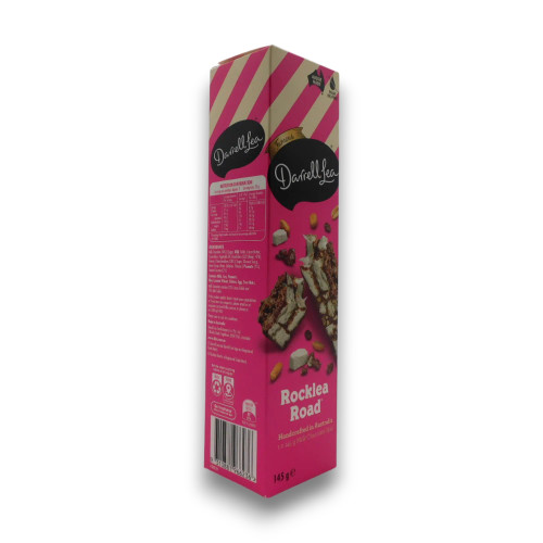 Darrell Lea Rocklea Road milk chocolate slab 145g in pink box packaging, classic chocolate bar stocked by The Professors.