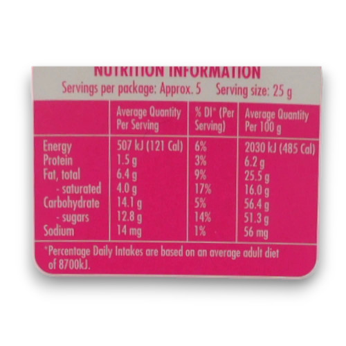 Nutritional information of Darrell Lea - Rocklea Road Slab - Original Milk Chocolate (145g).