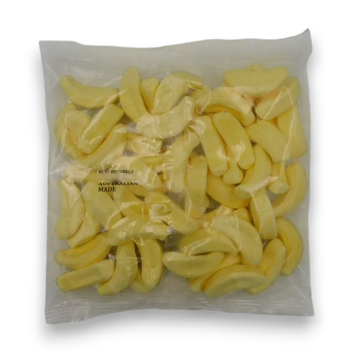 Allseps Bananas 250g bag rear view showing yellow banana-shaped chewy lollies through clear packaging