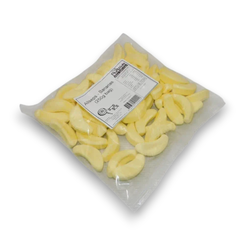 Allseps Bananas 250g bag shown from the left with curved pale yellow foam-style lollies inside