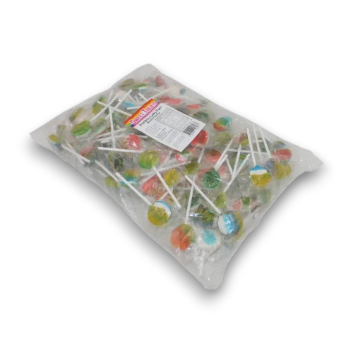 Sweet Treats Rainbow Round Pops 1kg bag showing individually wrapped mixed flavour swirl lollipops.