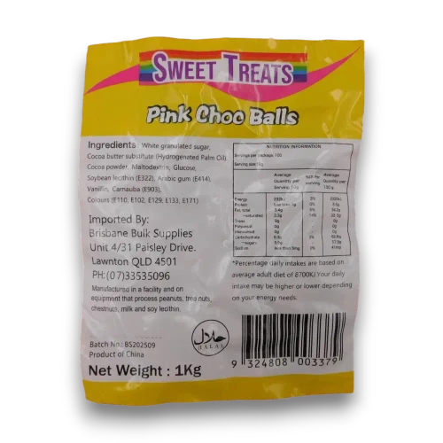 Nutrition information for Sweet Treats Pink Choc Balls in a 1kg bulk bag, available at The Professors Online Lolly Shop