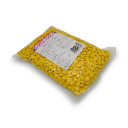 Sweet Treats Yellow Choc Buttons 1kg bag showing smooth yellow candy-coated chocolate buttons.
