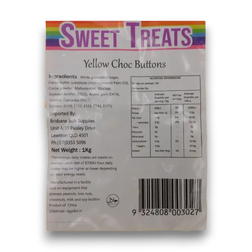 Product label and nutrition information on Sweet Treats Yellow Choc Buttons 1kg bag from The Professors Online Lolly Shop.