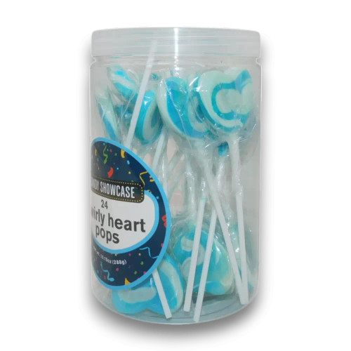 Candy Showcase Swirly Heart Pops - Blue 24 x 12g tub, showcasing blue and white heart-shaped lollipops, available at The Professors