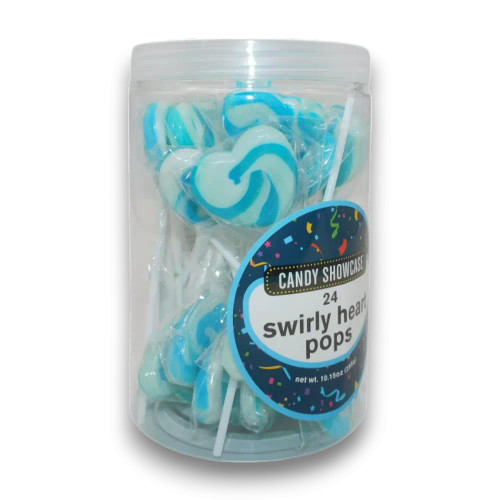 Blueberry-flavoured Candy Showcase Swirly Heart Pops in blue and white, 24 x 12g tub, available at The Professors Online Lolly Shop