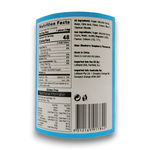 Nutrition information for Candy Showcase Swirly Heart Pops - Blue 24 x 12g tub featuring blueberry-flavoured heart lollipops