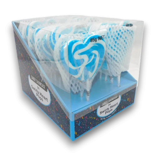Candy Showcase Mega Swirl Heart Pops, 24 x 85g blue and white lollipops, available at The Professors Online Lolly Shop Candy Showcase Mega Swirl Heart Pops, 24 x 85g blue and white lollipops, available at The Professors Online Lolly Shop