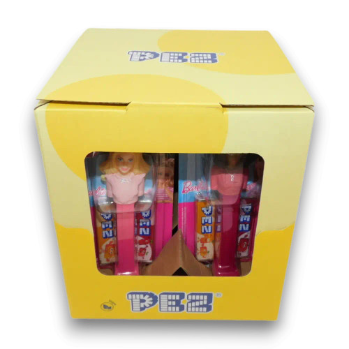 Pez Barbie character dispensers assortment in retail display box with candy tablets, available at The Professors Online Lolly Shop