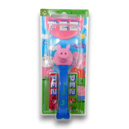 George PEZ dispenser with a dino-themed stem from the Peppa Pig collection, available at The Professors Online Lolly Shop.