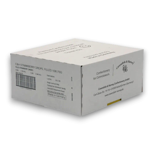 Bulk box of Cavendish & Harvey Strawberry Filled Drops, containing 10 tins of 175g each, perfect for retail. Bulk box of Cavendish & Harvey Strawberry Filled Drops, containing 10 tins of 175g each, perfect for retail.