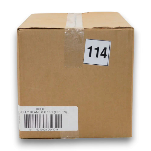 Packed carton of Allseps Green Jelly Beans - 8 x 1kg bags, ideal for bulk orders and catering needs, available at The Professors