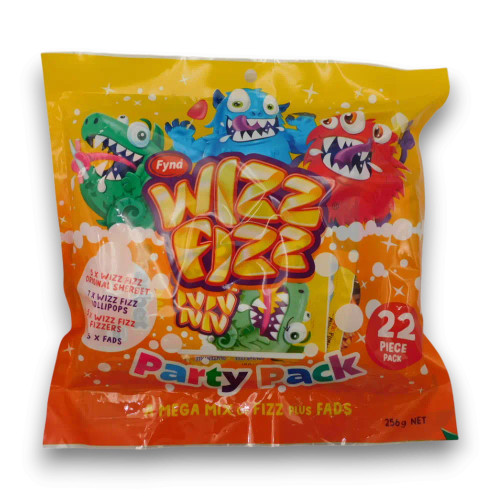 Wizz Fizz Party Pack 256g bag with 22 assorted sherbet, lollipop, fizzer, and Fads pieces from The Professors Online Lolly Shop.