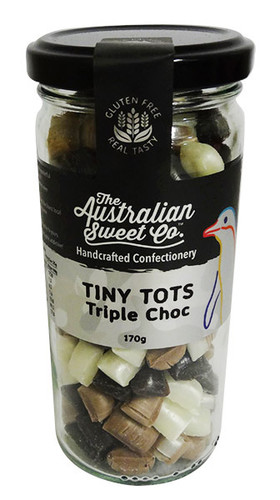 Tiny Tots Triple Chocolate Rock 170g jar showcasing handcrafted chocolate-flavoured rock candy.