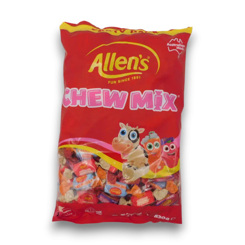 Allens Chew Mix 830g bag with assorted individually wrapped chewy lollies, available at The Professors Online Lolly Shop