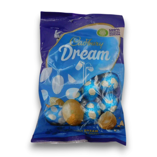 Cadbury Dream Eggs 110g bag showing creamy white chocolate eggs, perfect for Easter celebrations, available at The Professors. Cadbury Dream Eggs 110g bag showing creamy white chocolate eggs, perfect for Easter celebrations, available at The Professors.