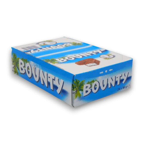 Bounty Milk Chocolate Bars 24 x 56g box showcasing creamy coconut filling wrapped in milk chocolate. Bounty Milk Chocolate Bars 24 x 56g box showcasing creamy coconut filling wrapped in milk chocolate.