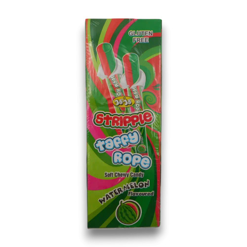 Vibrant green and pink JoJo Watermelon Stripple Taffy Rope in a 24 x 20g display box, available at The Professors Online Lolly Shop