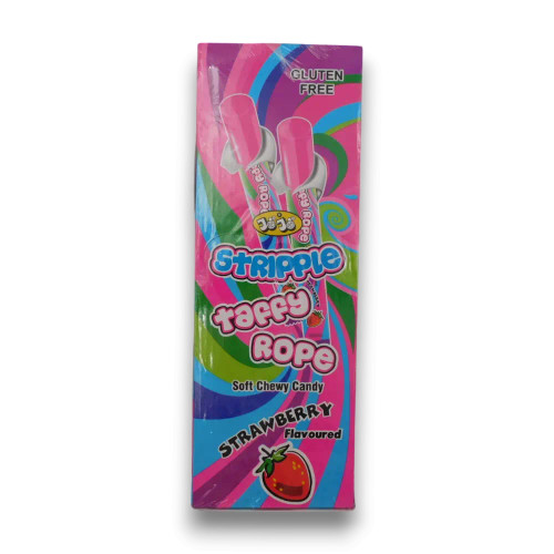 Strawberry-flavoured JoJo Stripple Taffy Rope soft chewy candy, gluten-free, in vibrant packaging, 24 x 20g display box