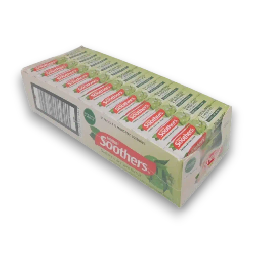 Nestlé Soothers Eucalyptus & Menthol Medicated Lozenges display unit with 36 x 40g packs at The Professors Online Lolly Shop.