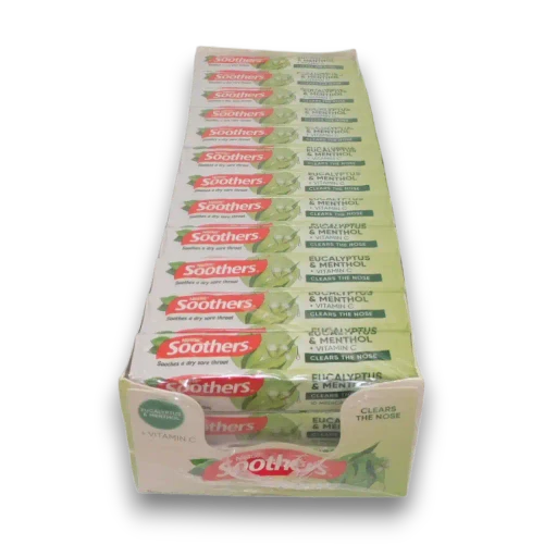 Nestlé Soothers Eucalyptus & Menthol Medicated Lozenges display unit containing 36 retail-ready 40g packs.