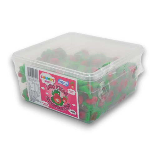 Chunky Funkeez Jelly Filled Strawberries in a clear 1.45kg tub, highlighting the vibrant red and green colours. Chunky Funkeez Jelly Filled Strawberries in a clear 1.45kg tub, highlighting the vibrant red and green colours.