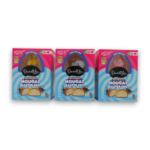 Darrell Lea Milk Chocolate Nougat Easter Egg 150g, front view of boxed Easter egg with nougat centre image, available at The Professors