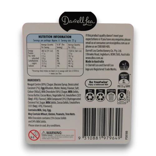 Darrell Lea Milk Chocolate Nougat Easter Egg 150g, close-up of nutrition information panel on gift box, available at The Professors