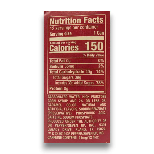 Dr Pepper & Cream Soda nutrition facts label, showing ingredients and calorie content, available at The Professors Online Lolly Shop.