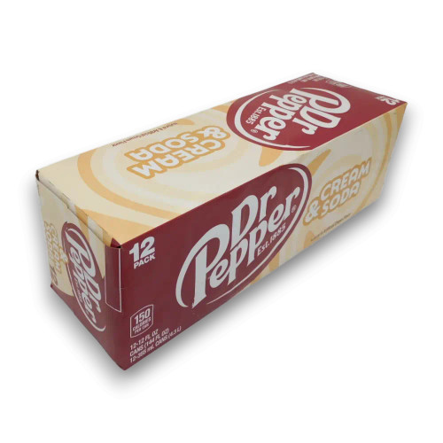 Dr Pepper & Cream Soda 12-pack, highlighting branding and product details, available at The Professors Online Lolly Shop.